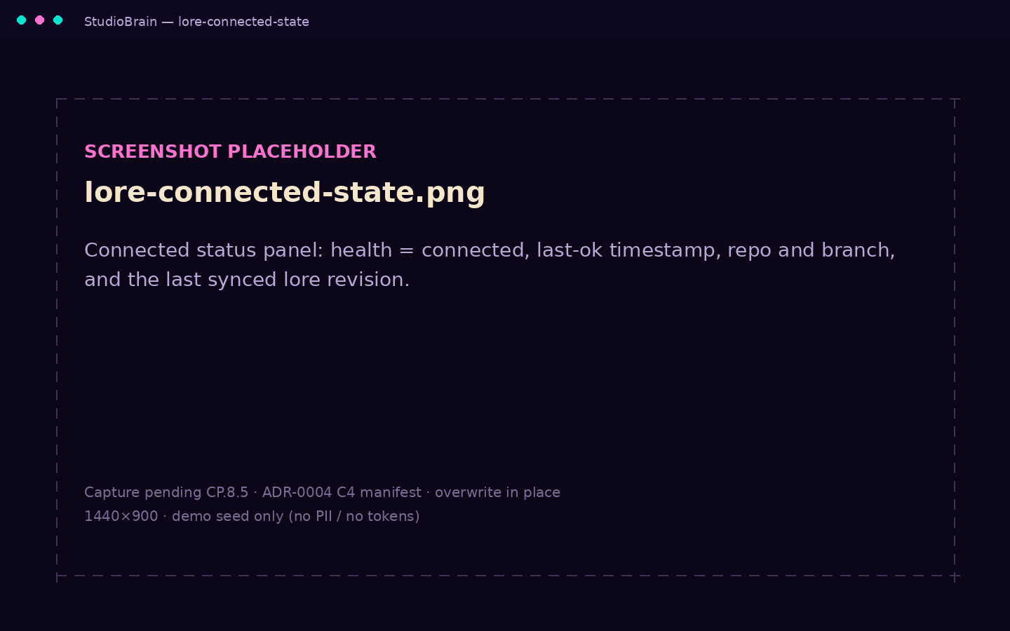 Lore storage showing a connected status: health connected, repository and branch, and the latest synced revision.
