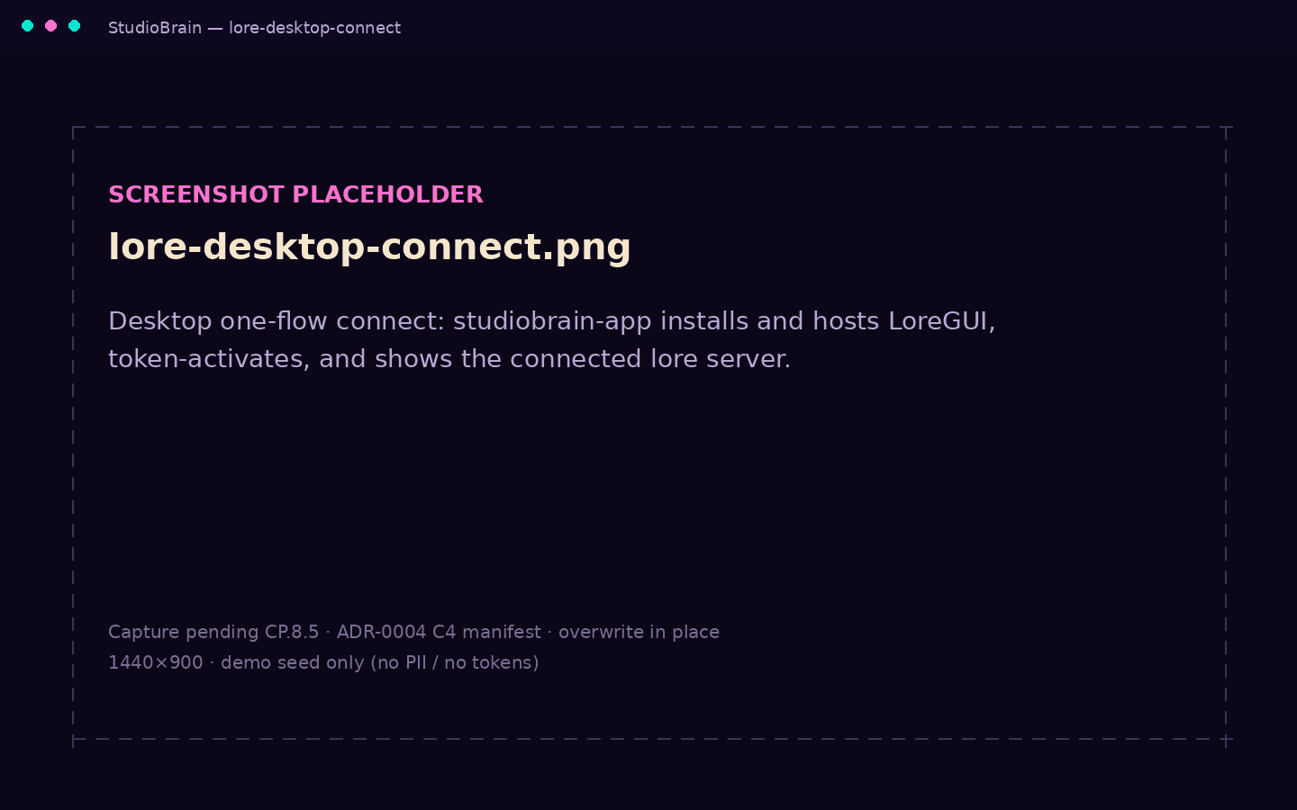 The StudioBrain desktop app showing its bundled lore server hosted, activated and connected.