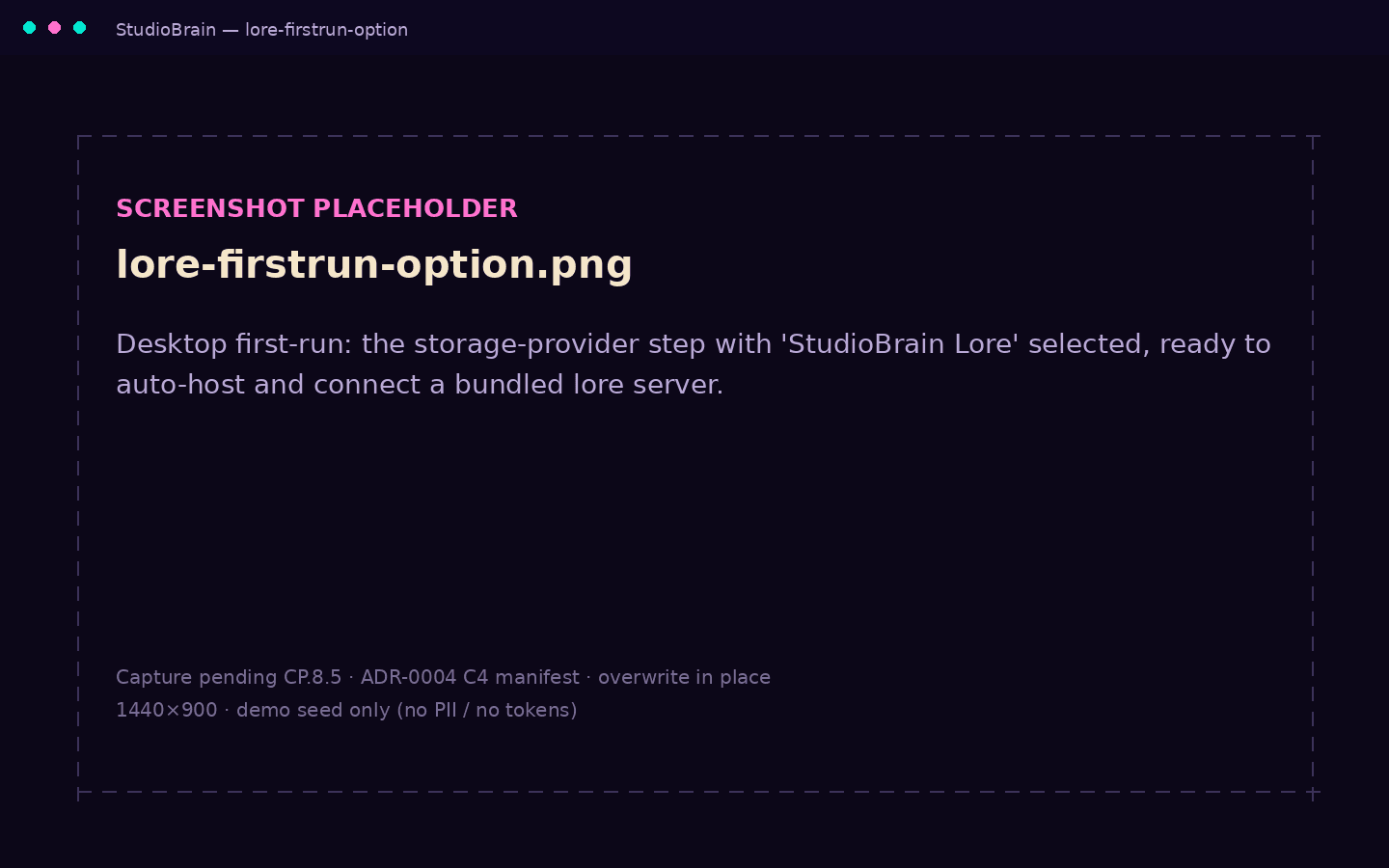 Desktop first-run storage step with the StudioBrain Lore provider selected.