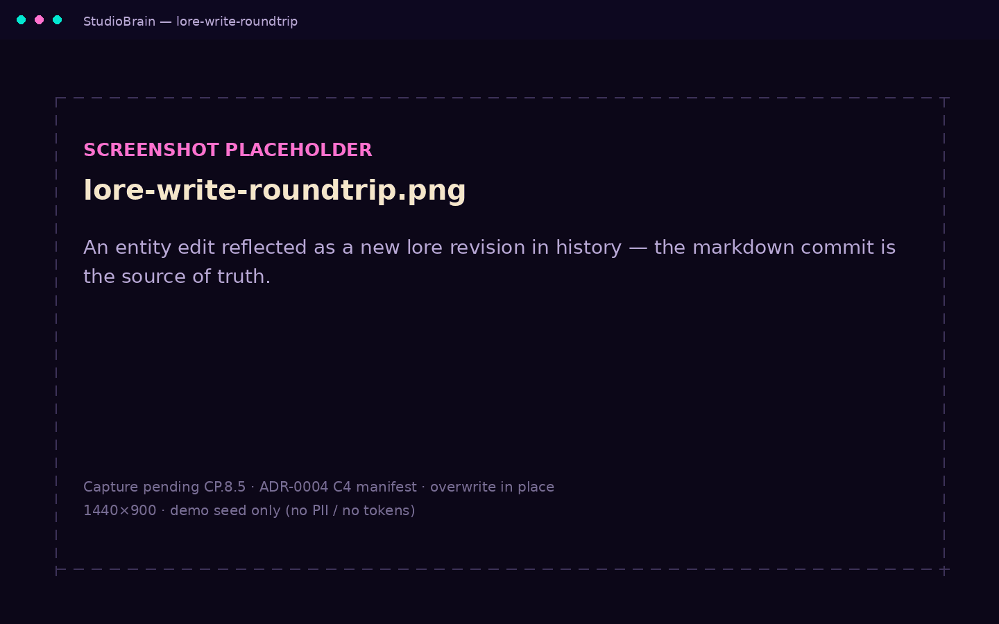 An entity edit reflected as a new revision in the lore history, with the Markdown commit as the source of truth.